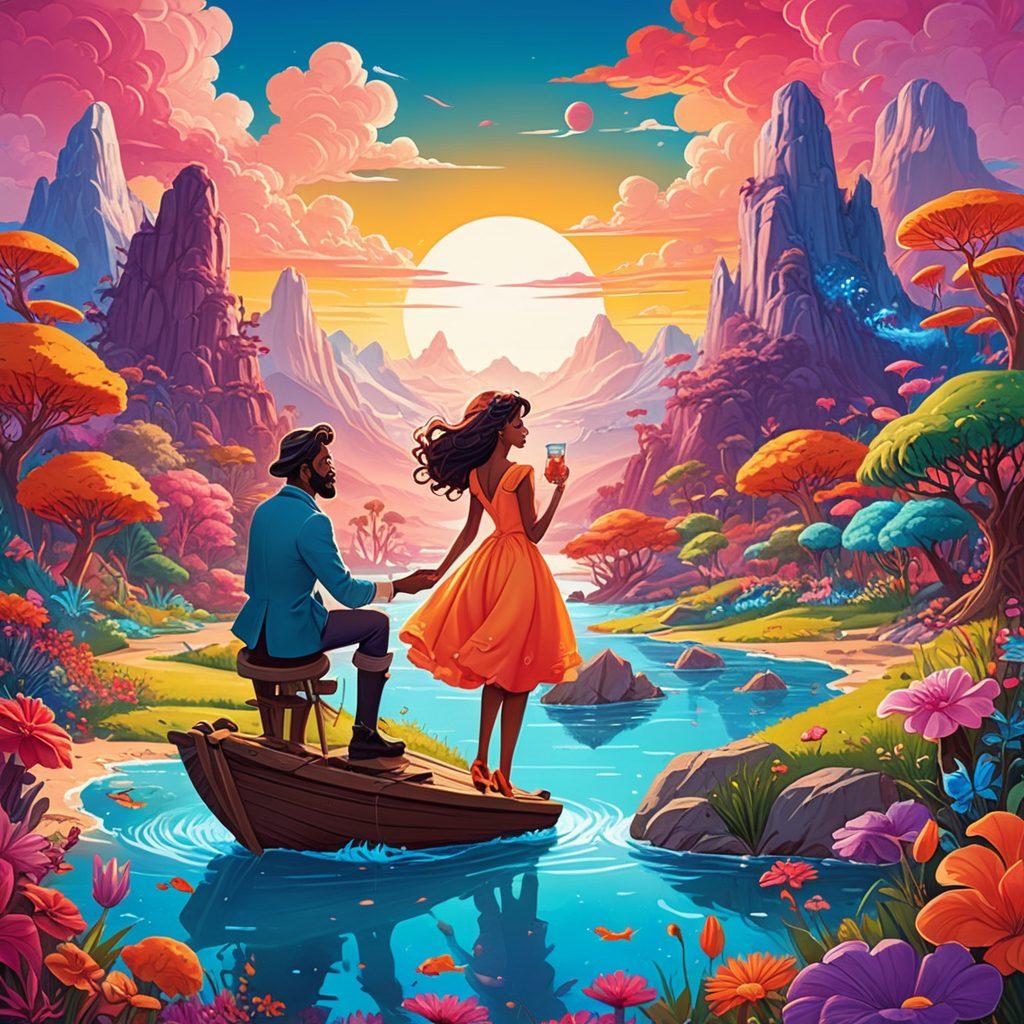 A whimsical and colorful illustration depicting a diverse group of animated characters from various adult animation styles, including Hentai and other genres. The scene showcases vibrant landscapes, blending fantasy elements with playful eroticism, while incorporating iconic symbols from pop culture. The characters should exude personality, and emotion, inviting viewers into their dynamic world. The artwork feels engaging yet tasteful, striking a balance between allure and creativity. vibrant colors. vector art. playful composition.
